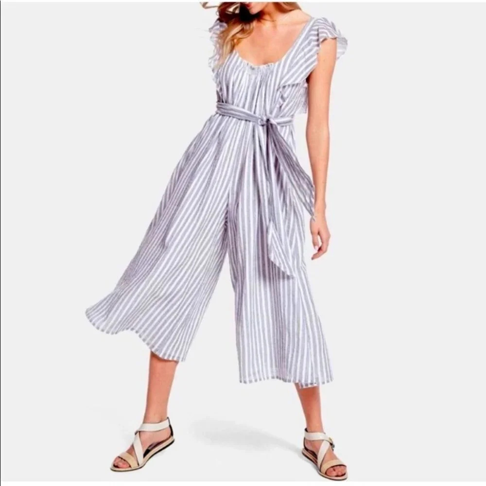 Apiece Apart Highland Wide Leg Striped Jumpsuit 4 Nautical Ruffle‎ Belted